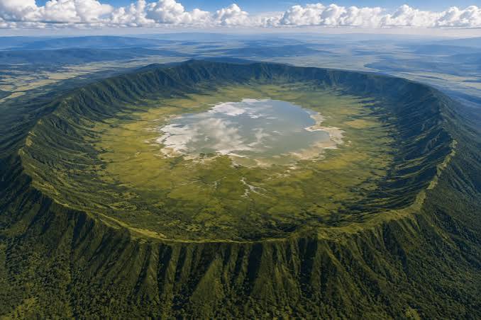 Scenic landscape and travel guide view of the Ngorongoro Crater in Tanzania